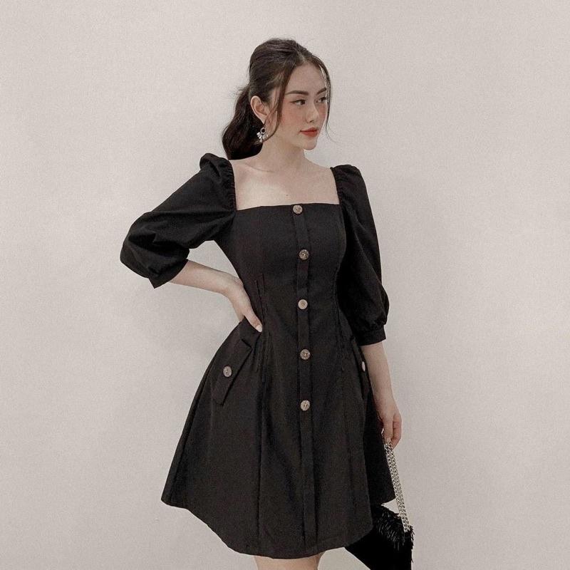 Đầm váy cổ vuông nút dừa tay lỡ 2 màu