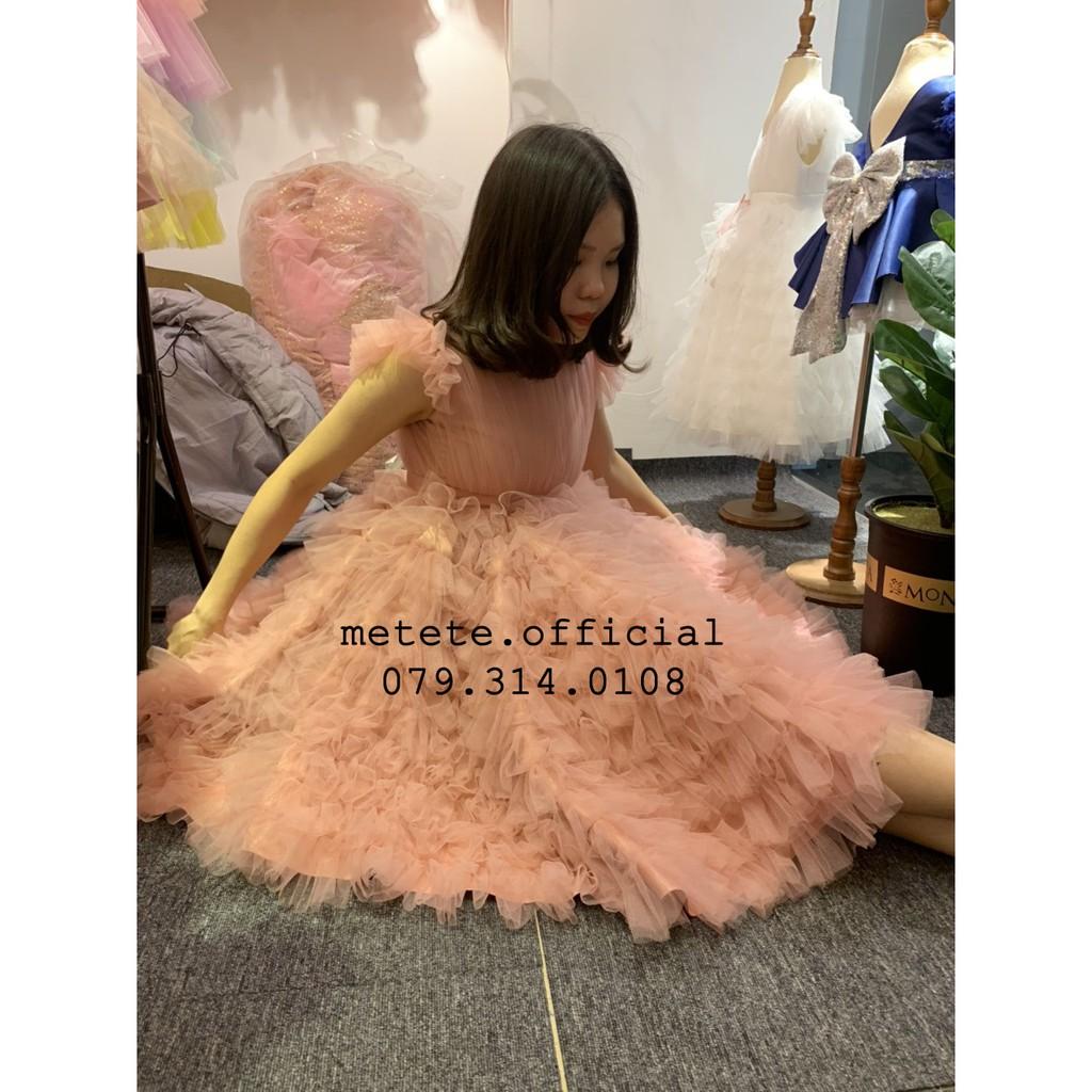Váy đầm công chúa thiết kế cho bé gái xếp tầng hồng siêu bồng bềnh tay cộc - Mẹ Tê Tê