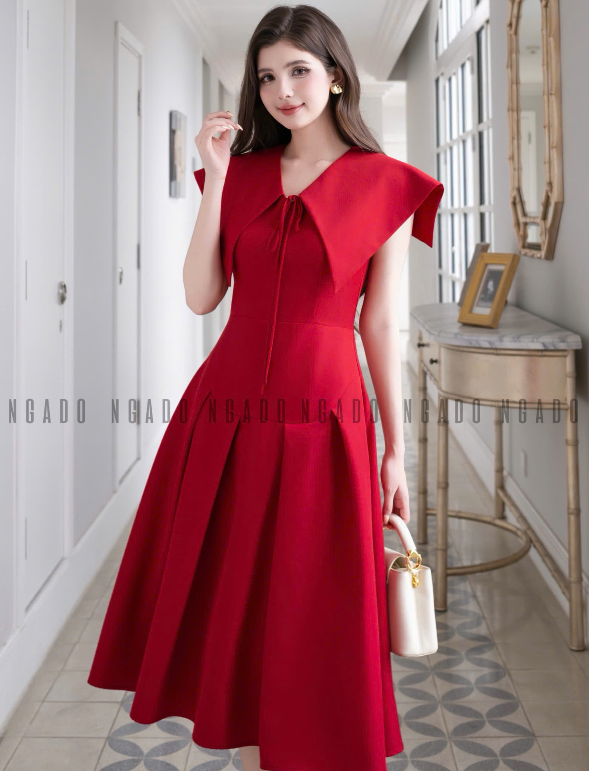 Đầm đỏ xếp ly cổ thuỷ thủ NGADO , đầm dài , đầm kiểu , đầm công sở , dự tiệc