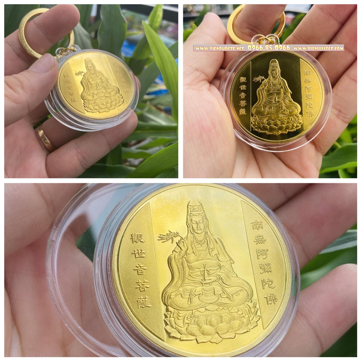 Quà tết sang trọng lì xì Móc khóa Đồng Xu Quan Âm Bồ Tát Phong Thuỷ May Mắn Tặng Kèm Túi Gấm QTLNC000064