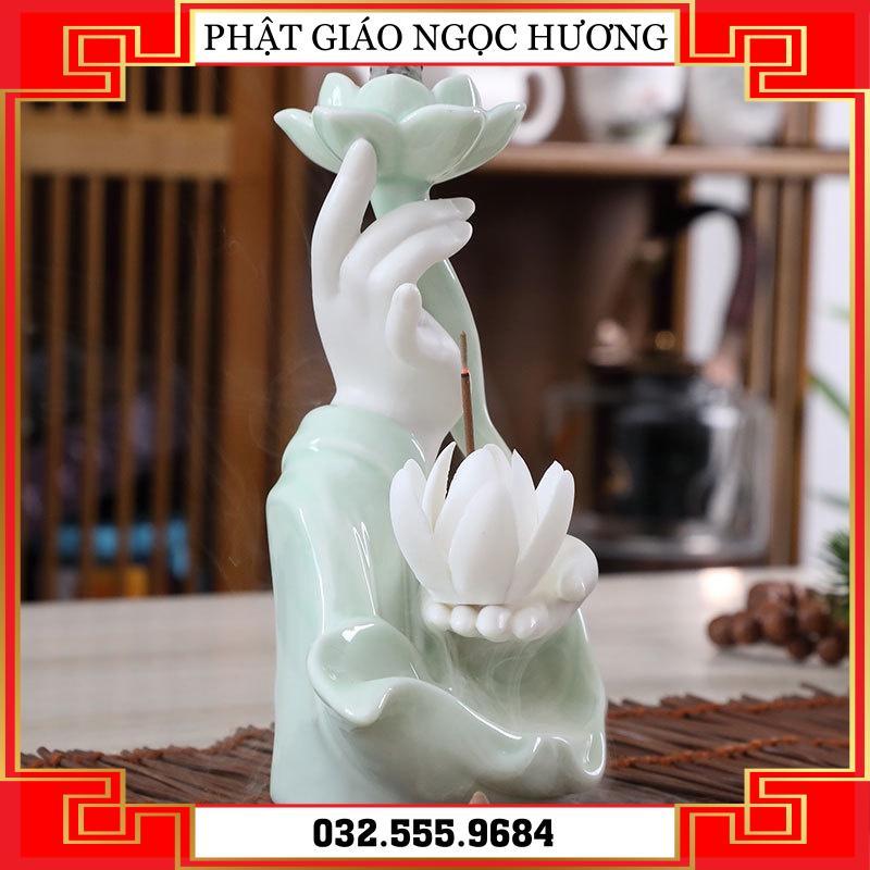 Thác khói Trầm Hương Bàn Tay Phật Cao Cấp - Thủ Ấn Tránh Ác Tarjani Mudra Hoa Sen - Cầm Sen Sứ Trắng Xanh Sen