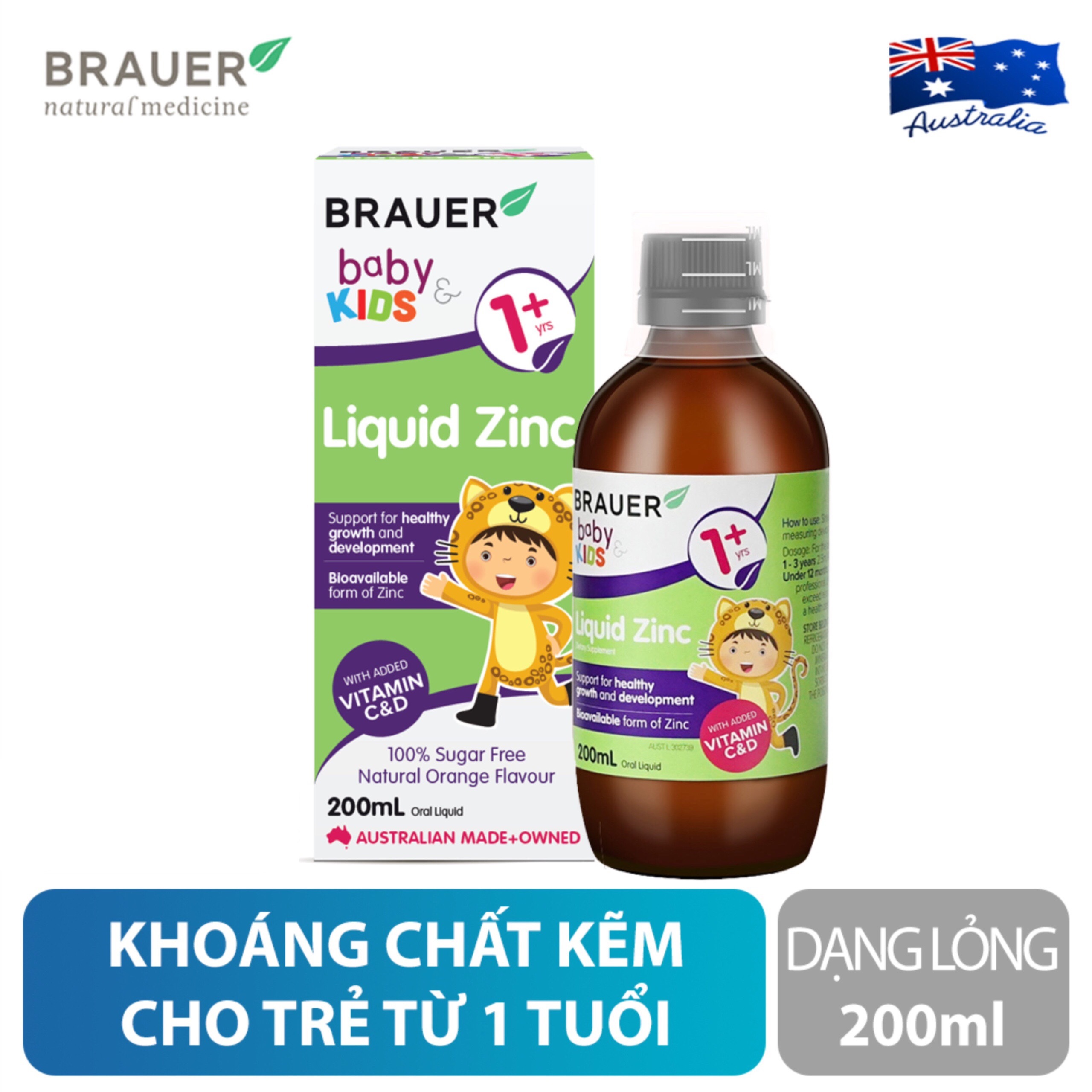 Siro bổ sung Kẽm, Vitamin C và D Brauer Úc Baby &amp; Kids Liquid Zinc cho bé trên 1 tuổi (200ml)