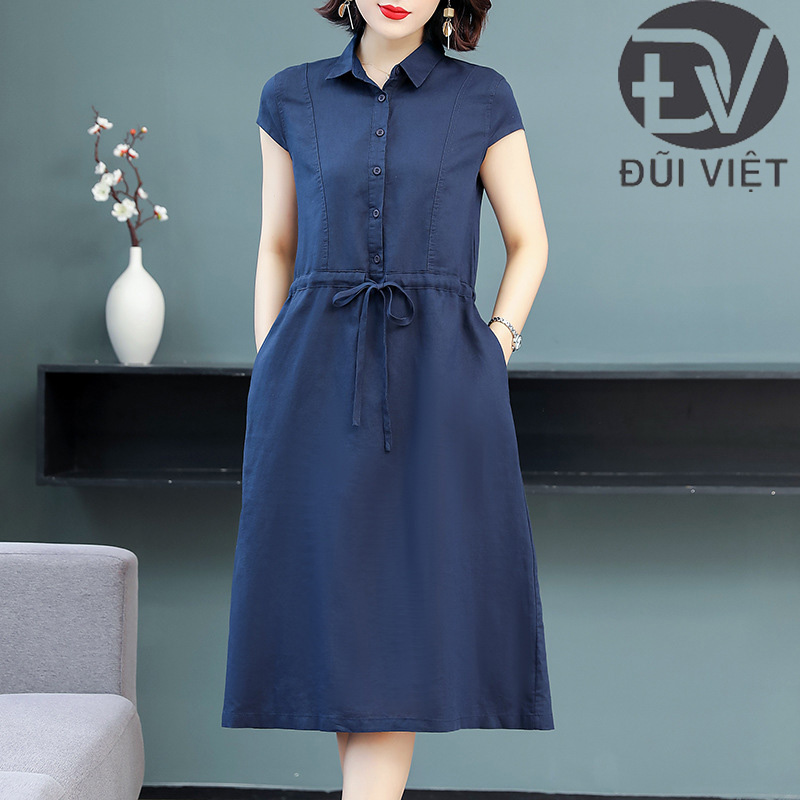 Đầm váy sơ mi suông dáng dài, ngắn tay, dây eo tự chỉnh,chất vải đũi đẹp mềm mát Đũi Việt