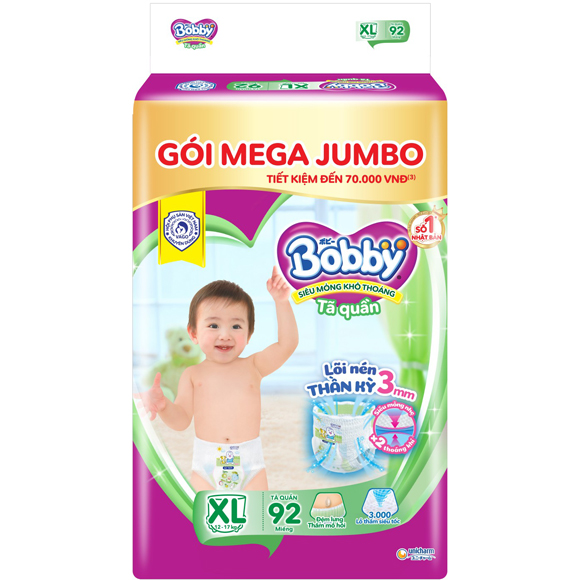 Tã/bỉm quần Bobby Mega Jumbo XL92 - Lõi nén thần kì 3mm - Siêu mỏng khô thoáng bất ngờ