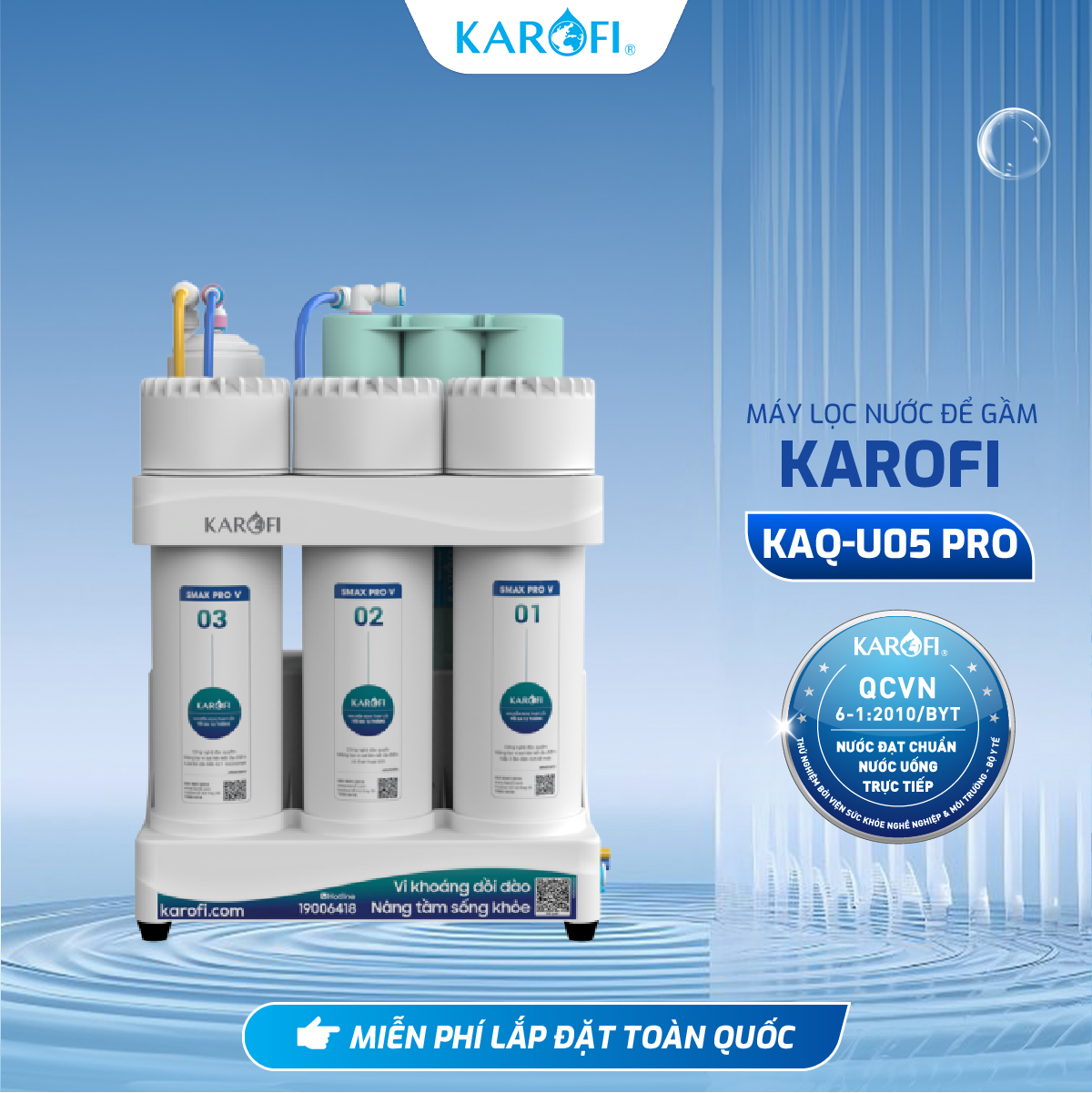 [TẶNG BỘ LÕI] Máy lọc nước để gầm 10 lõi KAROFI KAQ-U05 Pro - RO Mỹ 100GPD, Lõi Smax Pro V, HP 6.0 - Miễn phí giao lắp - Hàng Chính Hãng