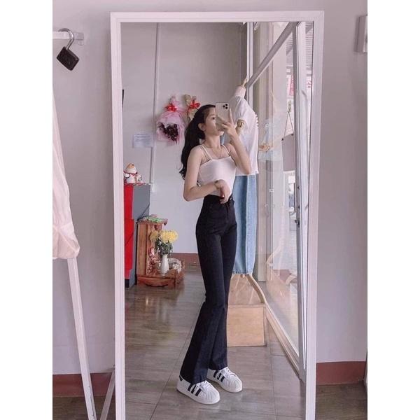 Quần Jeans Nữ Ống Loe Dài Màu Đen Co Giãn Tôn Dáng