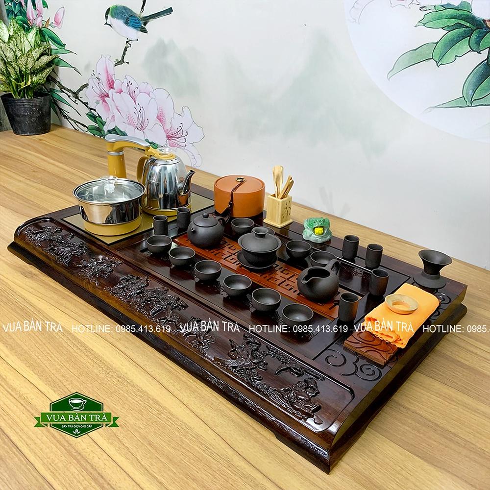 Bộ Bàn Trà Điện Thông Minh Phù Điêu Bát Tiên Thưởng Trà Chất Liệu Gỗ Mun