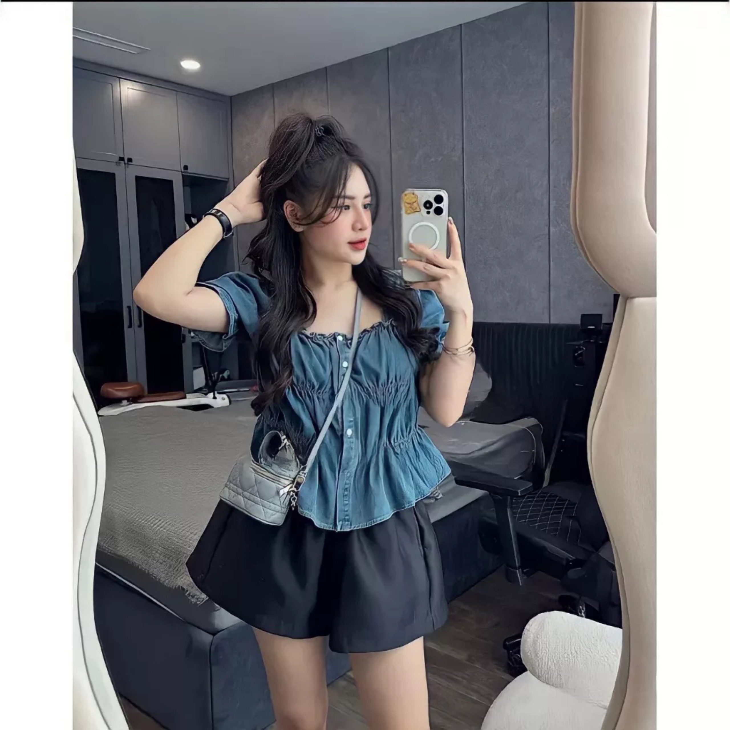 Áo Jeans Nữ Cộc Tay Hàng Cúc Chun Ngực Dáng Babydoll Cổ Vuông Basic