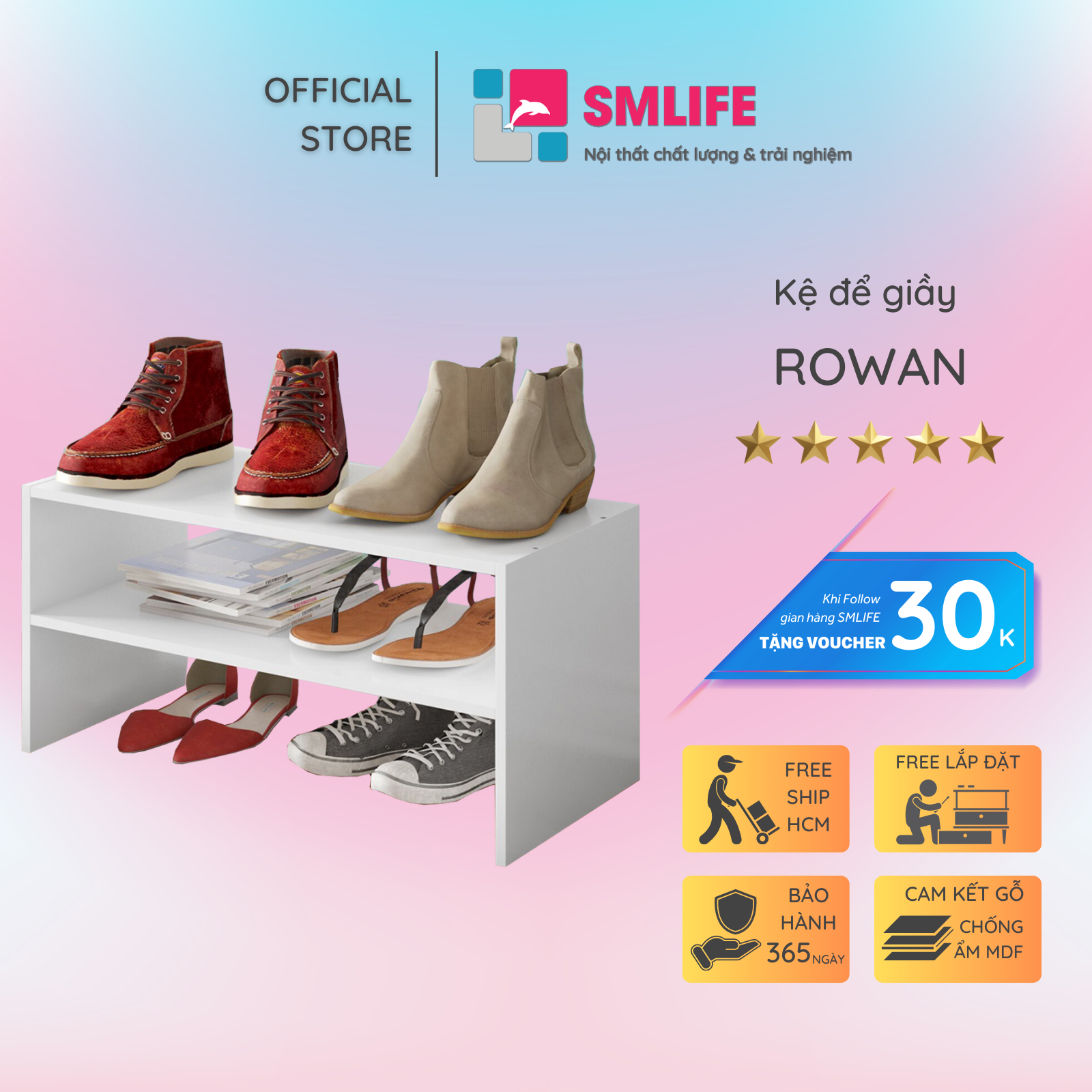 Kệ gỗ để giày hiện đại SMLIFE Rowan | Gỗ MDF dày 17mm chống ẩm | D60xR30xC30cm