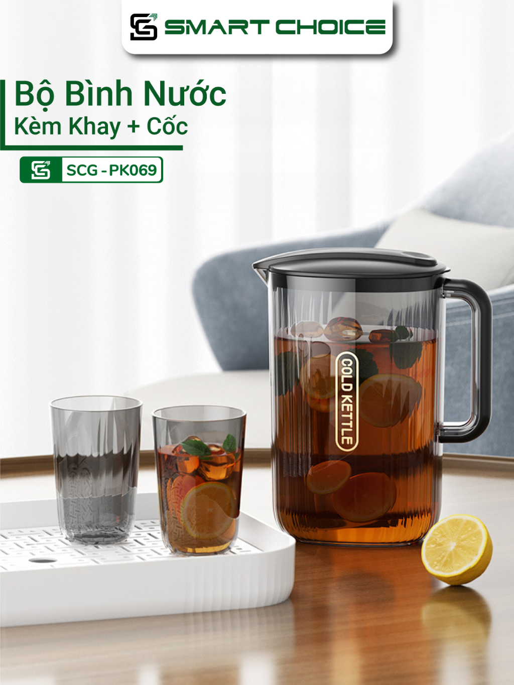 Bộ Bình Nước Kèm Khay SMARTCHOICE 4 Cốc Nhựa PP AS Cao Cấp 2 Màu Đen, Xanh SCG-PK069