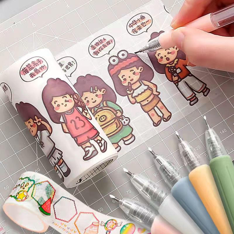 Dao chiết dạng bút và dụng cụ miết thẳng washi tape/stickers dùng với sổ chiết hoặc giấy chiết