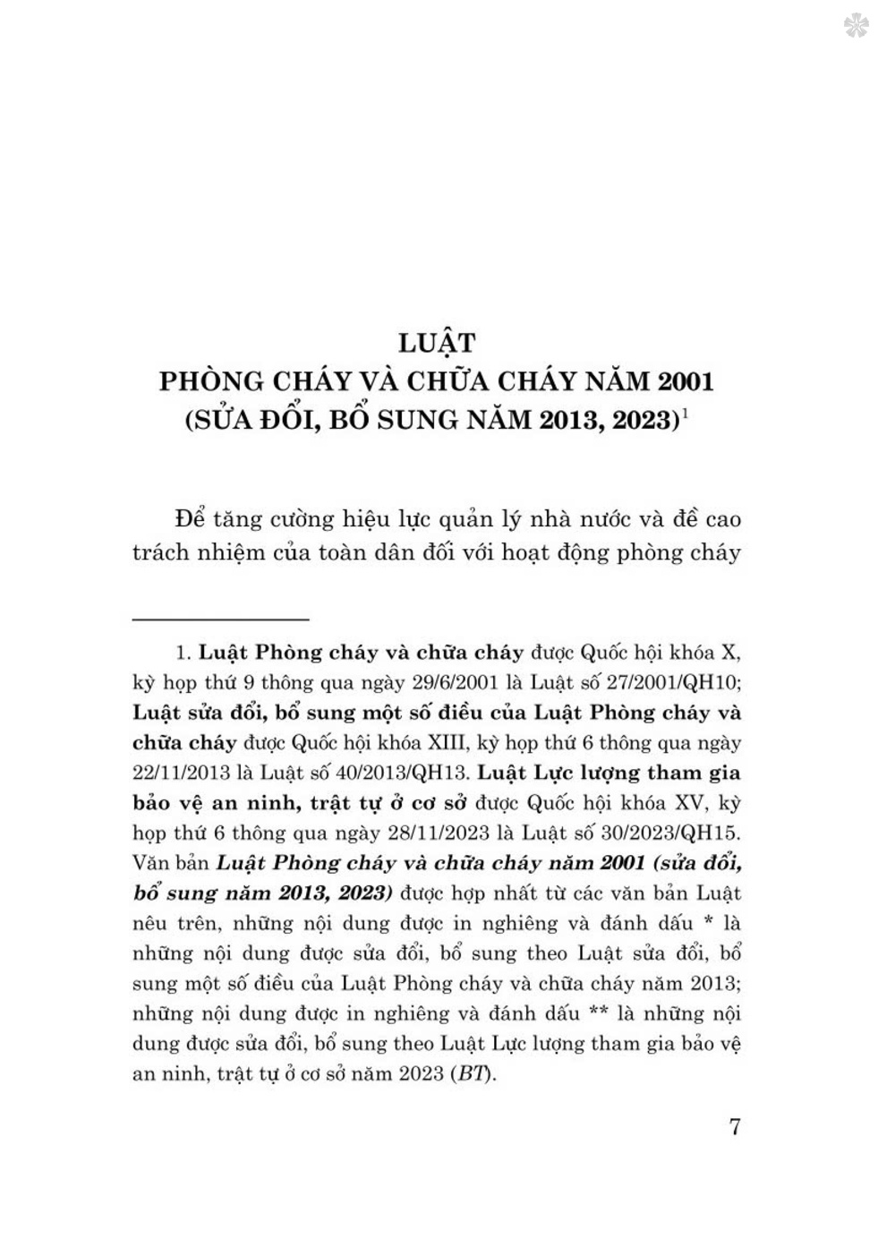 Luật phòng cháy và chữa cháy năm 2001 (sửa đổi, bổ sung năm 2013, 2023) bản in 2024