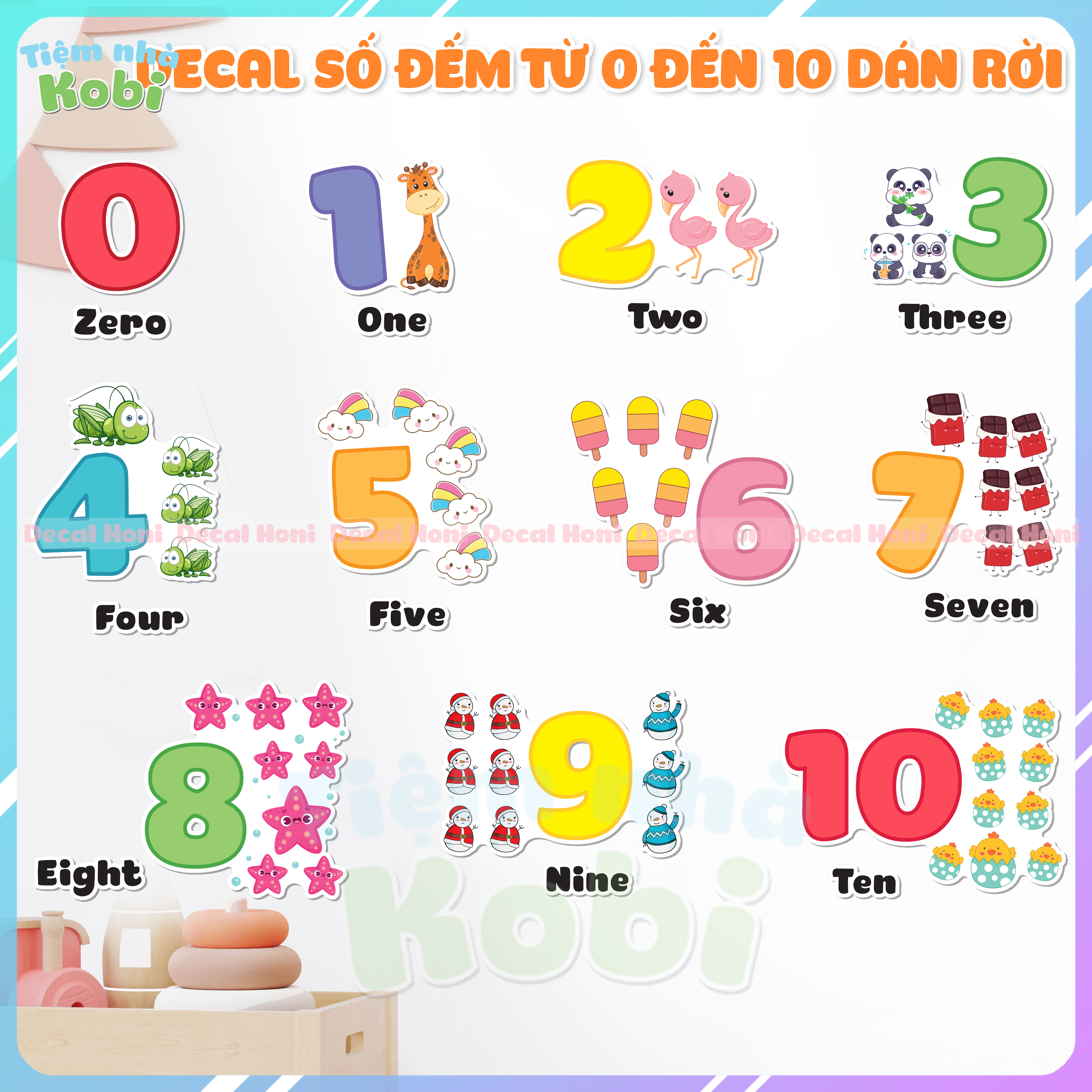 Decal Bảng Chữ Số Đếm Từ 0 Đến 10 Cho Bé Dán Rời Từng Só