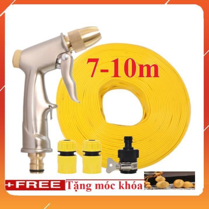 Bộ dây vòi xịt nước rửa xe, tưới cây . tăng áp 3 lần, loại 7m, 10m 206701-1 đầu đồng,cút,nối đen+ tặng móc khoá