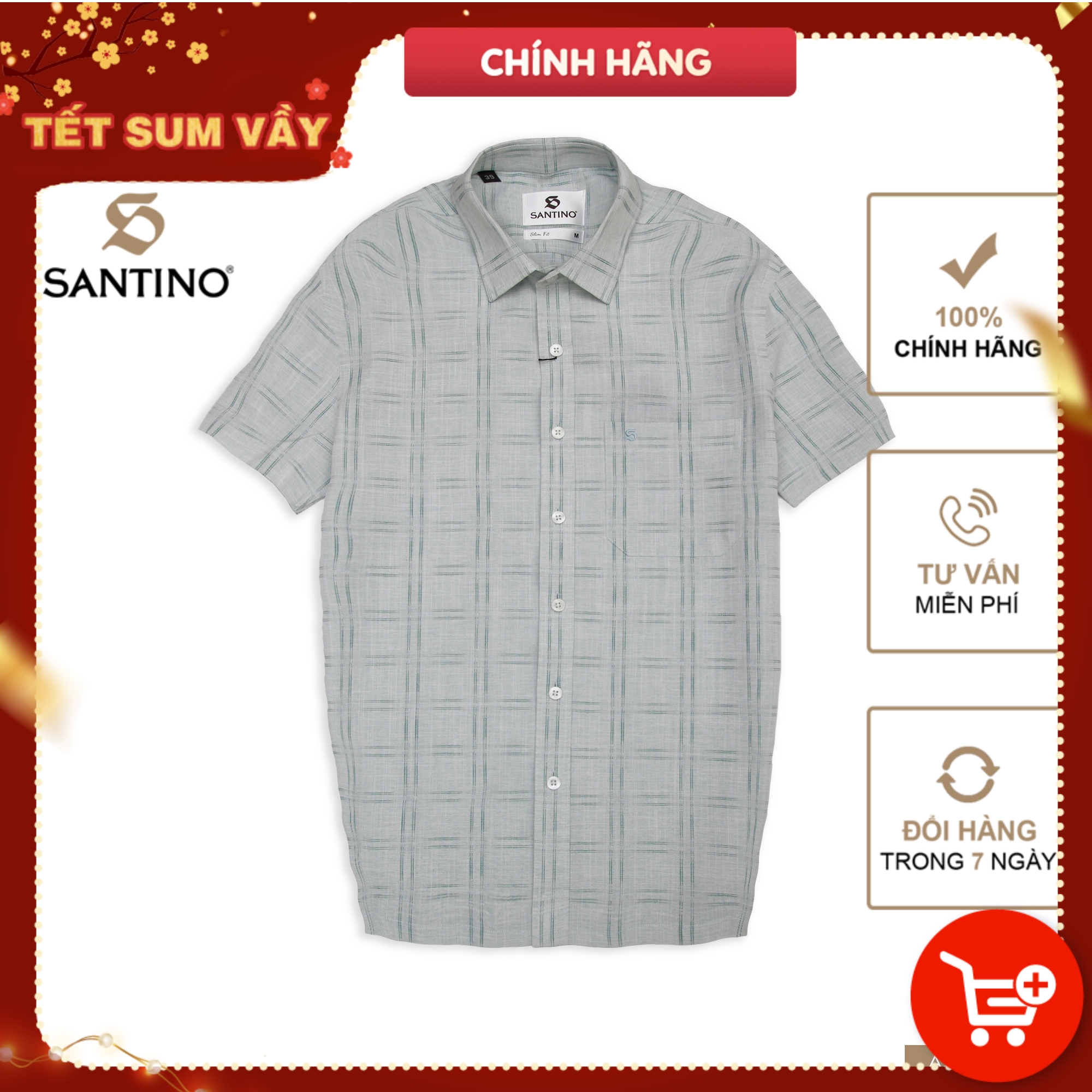 Áo sơ mi nam tay ngắn hoạ tiết Santino chất liệu sợi tre chống tia UV dáng slim tà ngang sang trọng ASN495S596