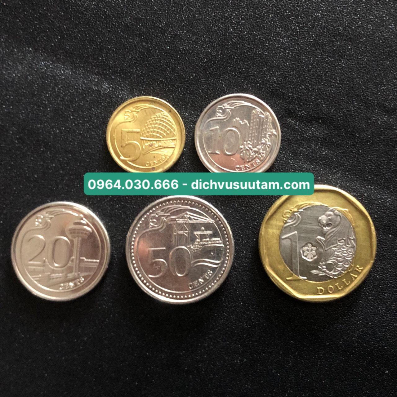 Bộ 5 xu Singapore 5 cent, 10 cent, 20 cent, 50 cent, 1 dollar loại mới sưu tầm