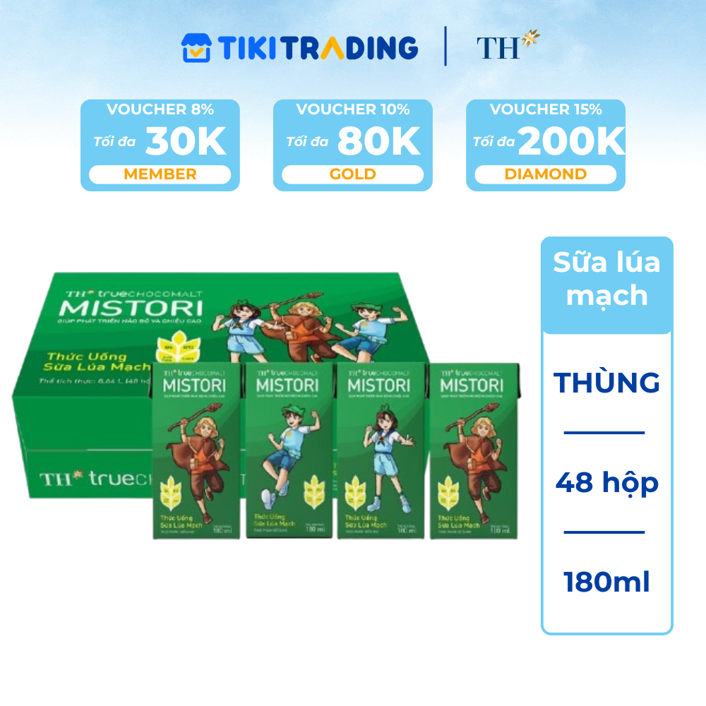 Thùng 48 Hộp Thức uống sữa lúa mạch TH True Chocomalt Mistori 180ml
