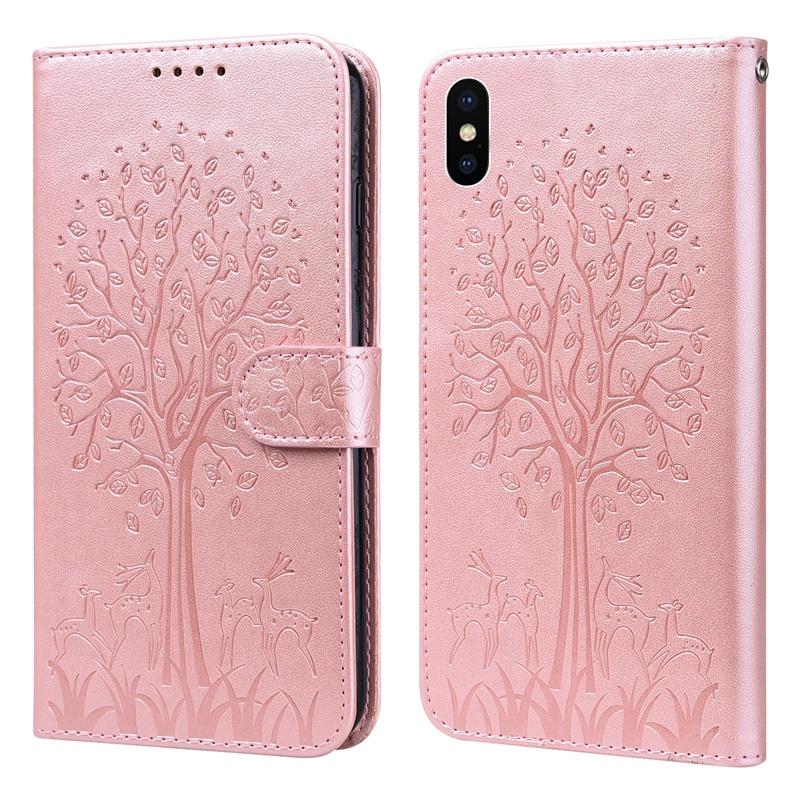 Bao da điện thoại nắp gập dập nổi cây con hươu dạng ví đựng thẻ cho iPhone 6Plus/ 6SPlus 7Plus 8Plus SE 2020 X XR XSMax