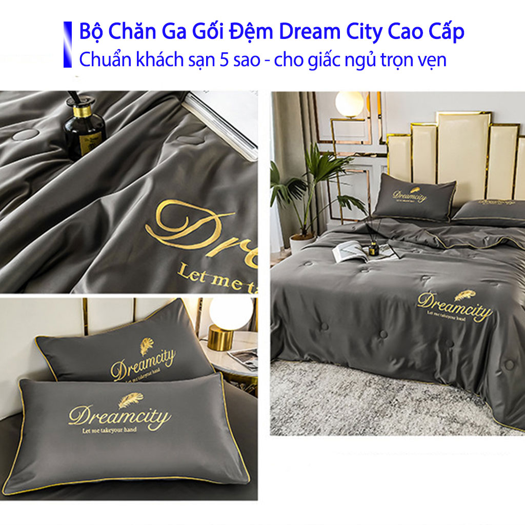 Bộ Chăn Ga Gối Đệm 5 Món Phi Cotton Lụa Tencel Dream City Cao Cấp Chuẩn Khách Sạn 5 Sao Drap Ra Ga Nệm Trải Giường Dễ Thương Cute