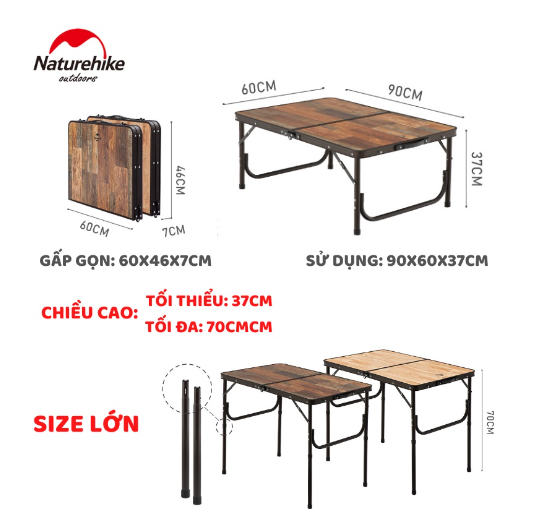 Bàn cắm trại MDF Vintage 2 mức chiều cao NatureHike NH20JJ028