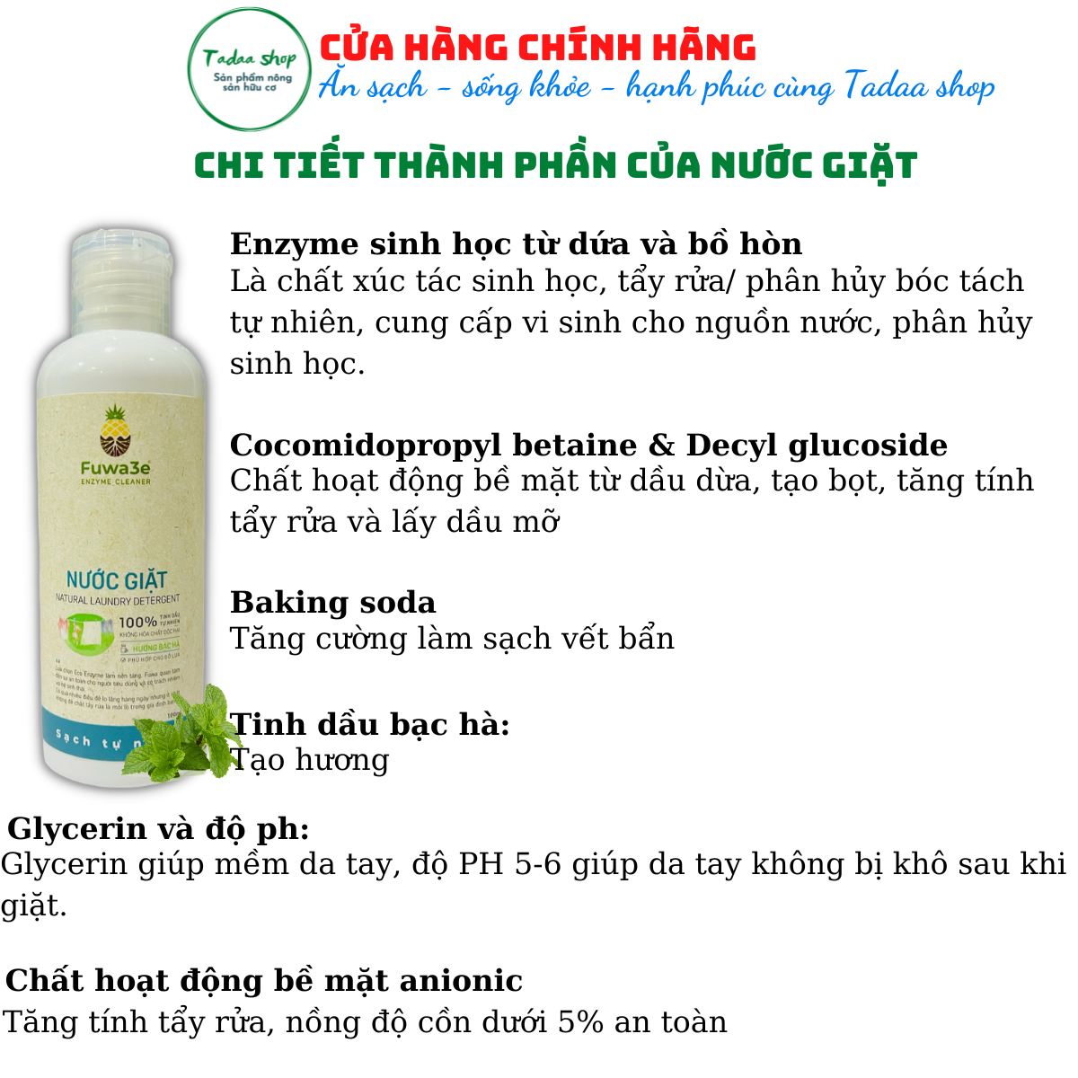 Nước giặt hương bạc hà Organic sinh học Fuwa3e chuyên giặt đồ lụa, bảo vệ da tay chai 100ml