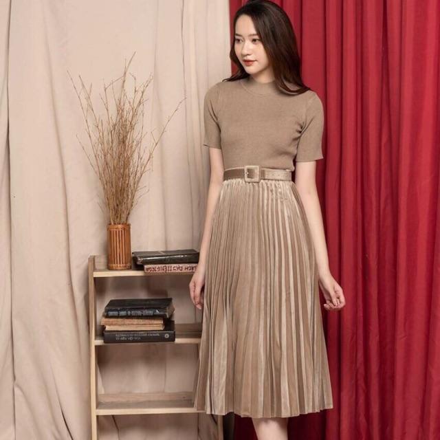 CHÂN VÁY XẾP LY NHUNG KÈM ĐAI