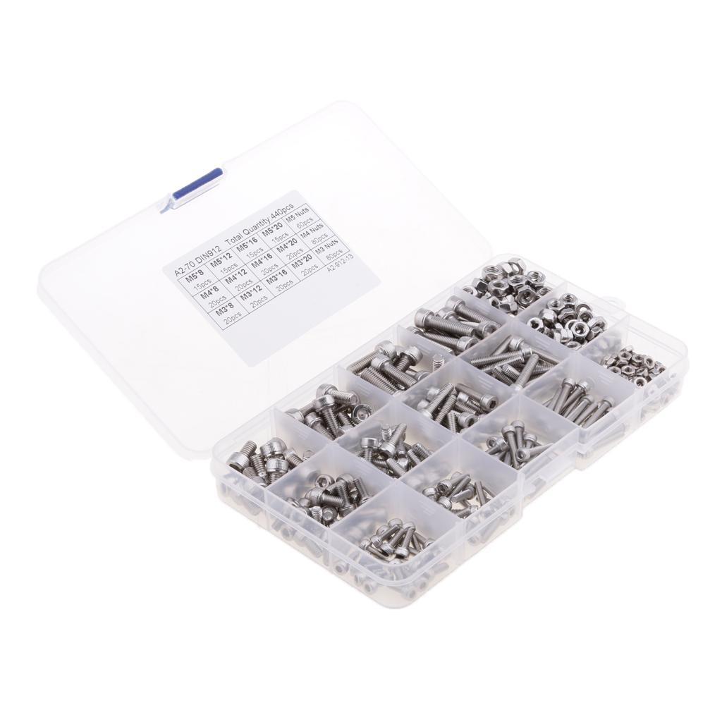 New 440pcs M3 M4 M5 304 Stainless Steel Hex Socket Head Bolts Screws Nuts Kit