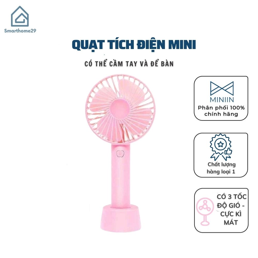 Quạt Tích Điện Cầm Tay Pin Sạc 4 Cánh 3 Tốc Độ Gió Có Đế Để Bàn, Quạt Để Bàn Pin Sạc USB Tiện Lợi - HÀNG CHÍNH HÃNG MINIIN