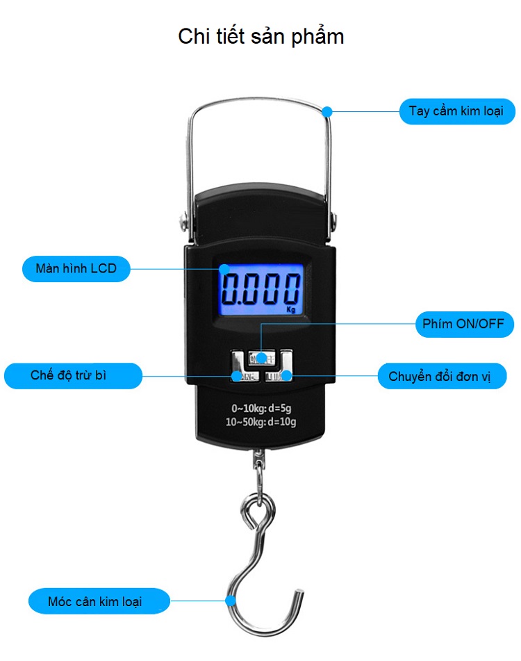 Cân điện tử màn hình kỹ thuật số LCD tải trọng 50kg/5g có móc treo (Tặng kèm miếng thép 11in1)