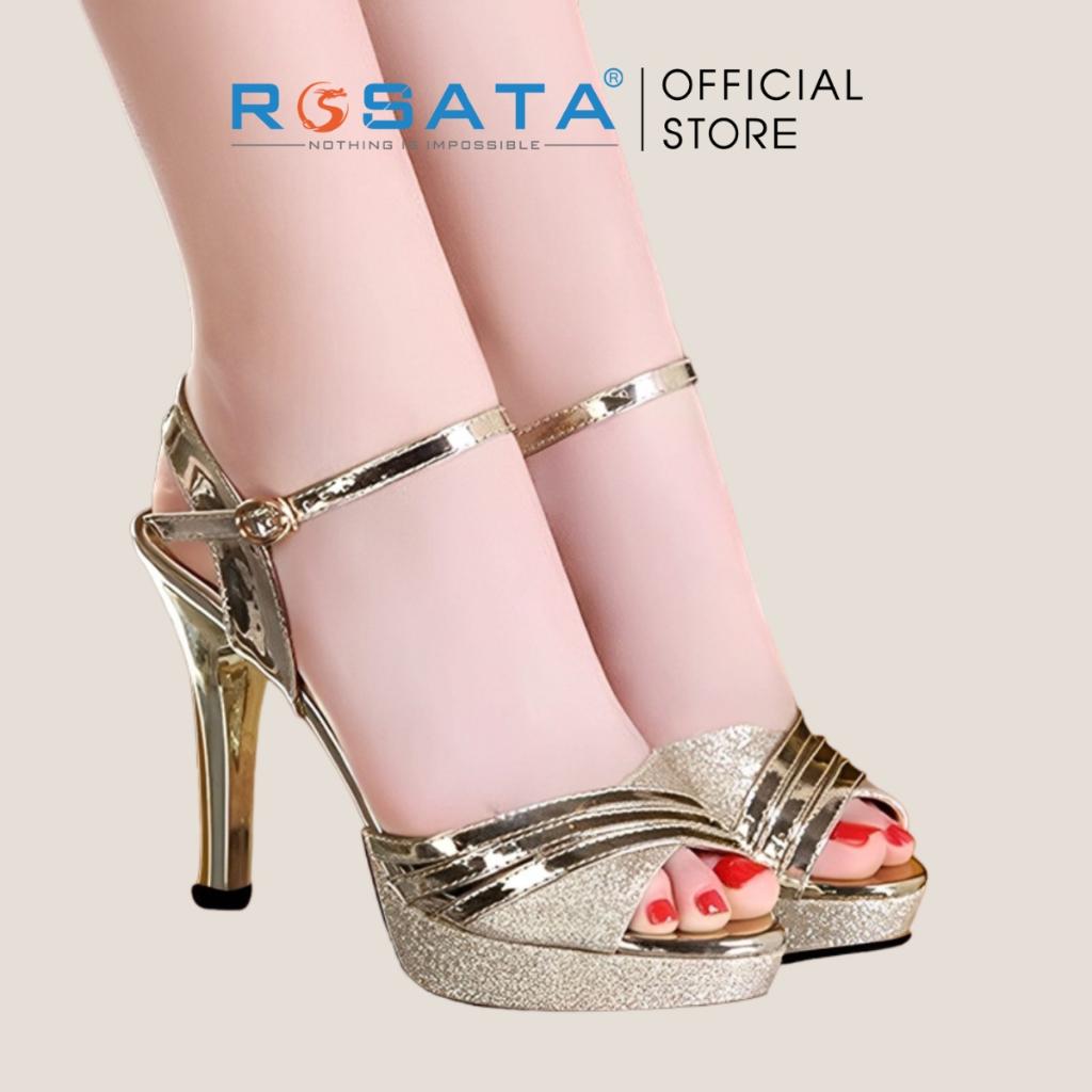 Giày sandal cao gót nữ ROSATA RO559 xỏ ngón mũi tròn quai cài mảnh gót nhọn cao 9cm xuất xứ Việt Nam - ĐỒNG