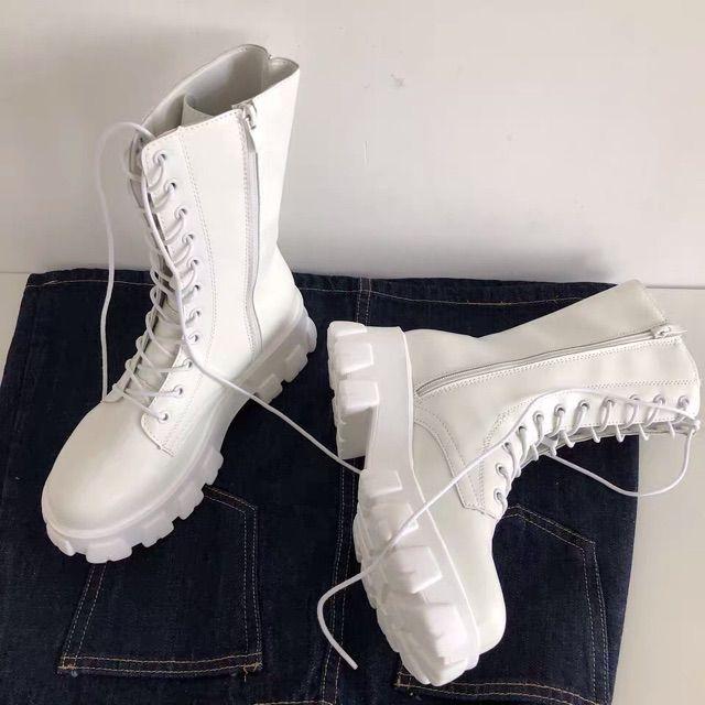 SẴN Giày Bốt Martin cao cổ đế độn, boots cao cổ buộc dây kéo khoá , chất da Pu đẹp mềm