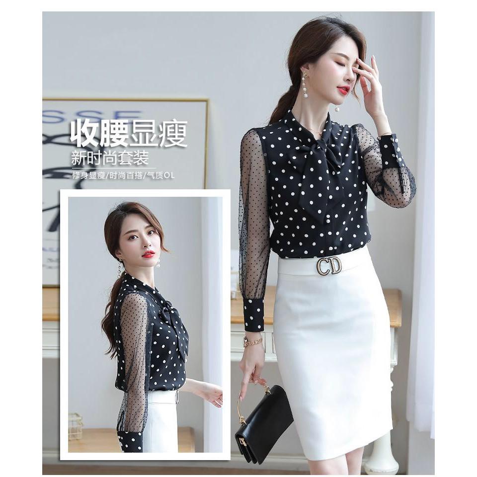 Áo sơ mi chấm bi phối nút cột nơ BY6359