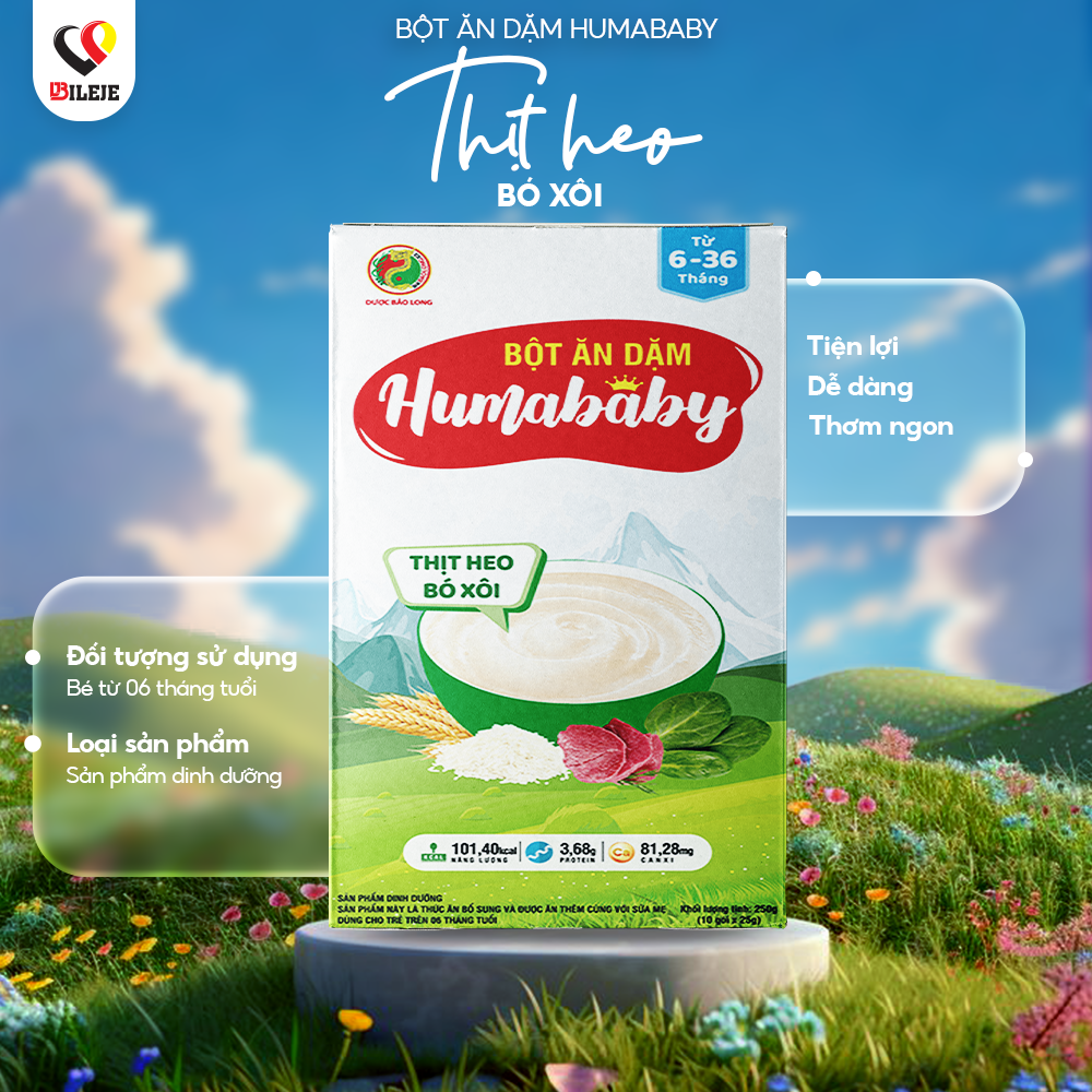 Bột Ăn Dặm Humababy Vị Thịt Heo - Bó Xôi - Hộp 10 Gói x 25g