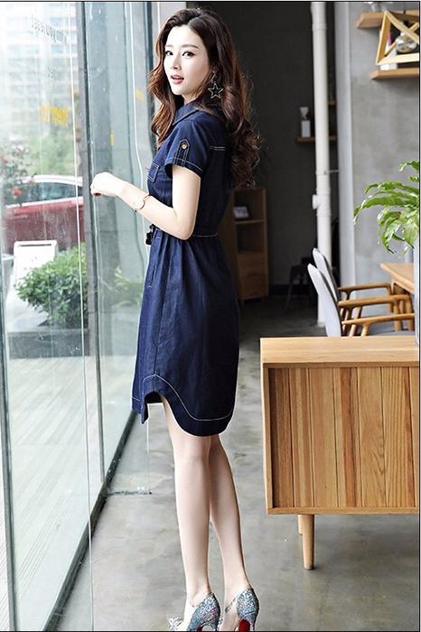 Đầm Jean Nữ Ngắn Tay Cổ Bẻ Lai Bầu