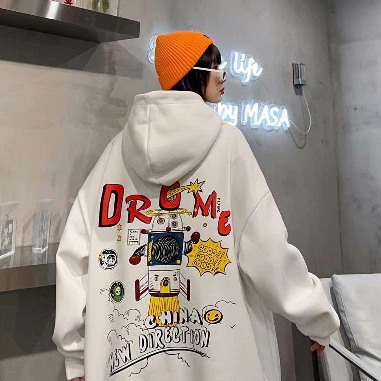 Áo hoodie tay dài dáng rộng in hình tên lửa gồm 3 màu sắc