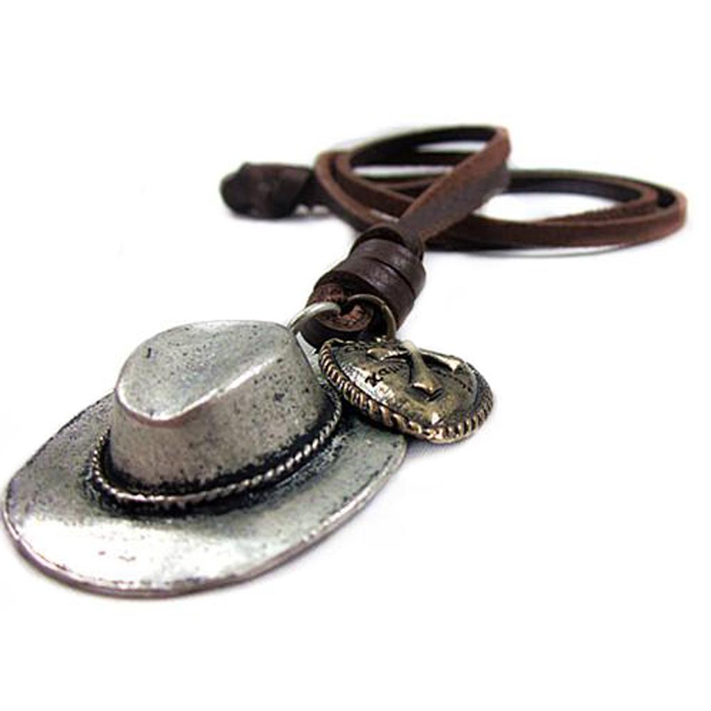 Mens Vintage Cowboy Hat Cross Heart Charm Pendant Leather Cord Necklace Punk
