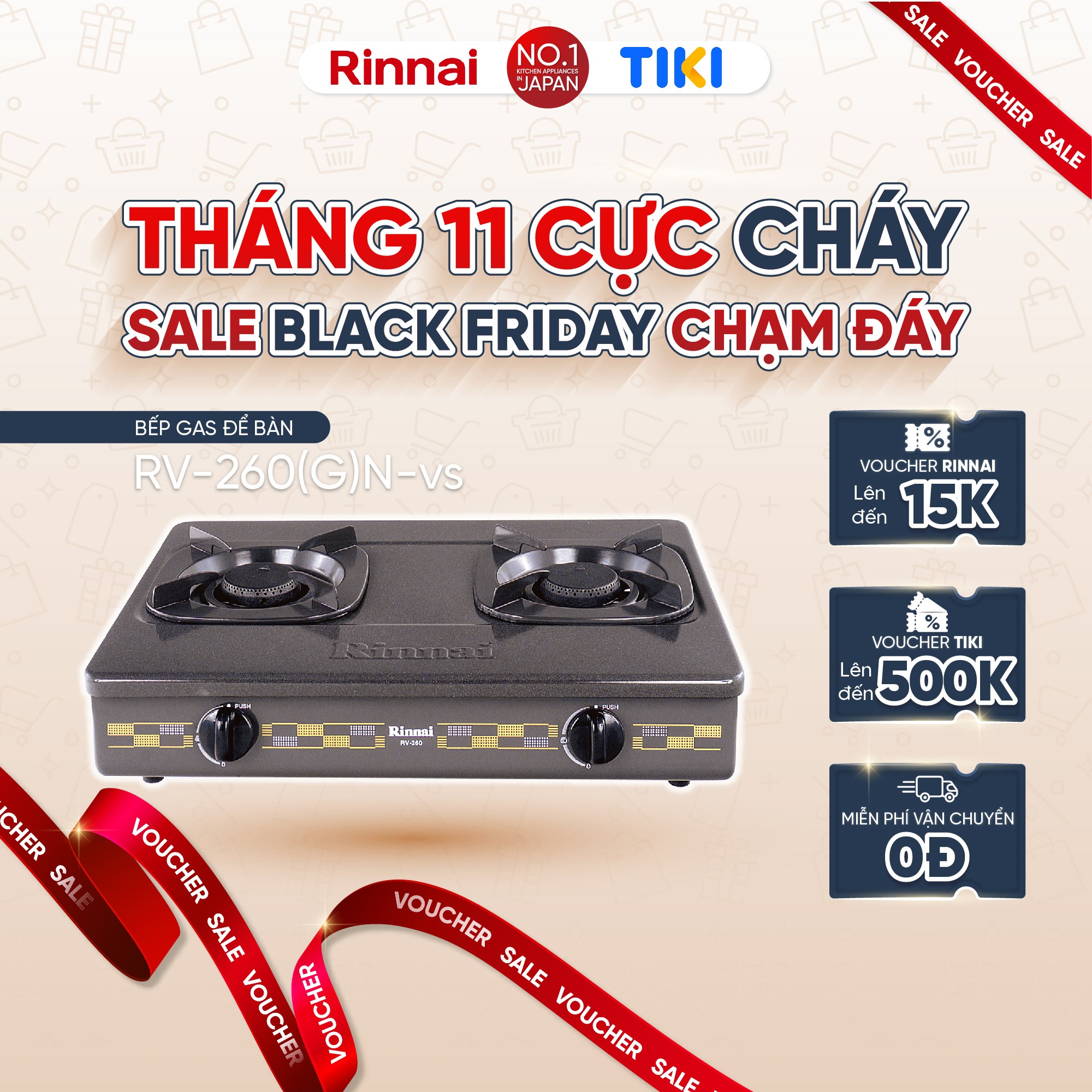 Bếp gas dương Rinnai RV-260(G)N mặt bếp men và kiềng bếp men - Hàng chính hãng