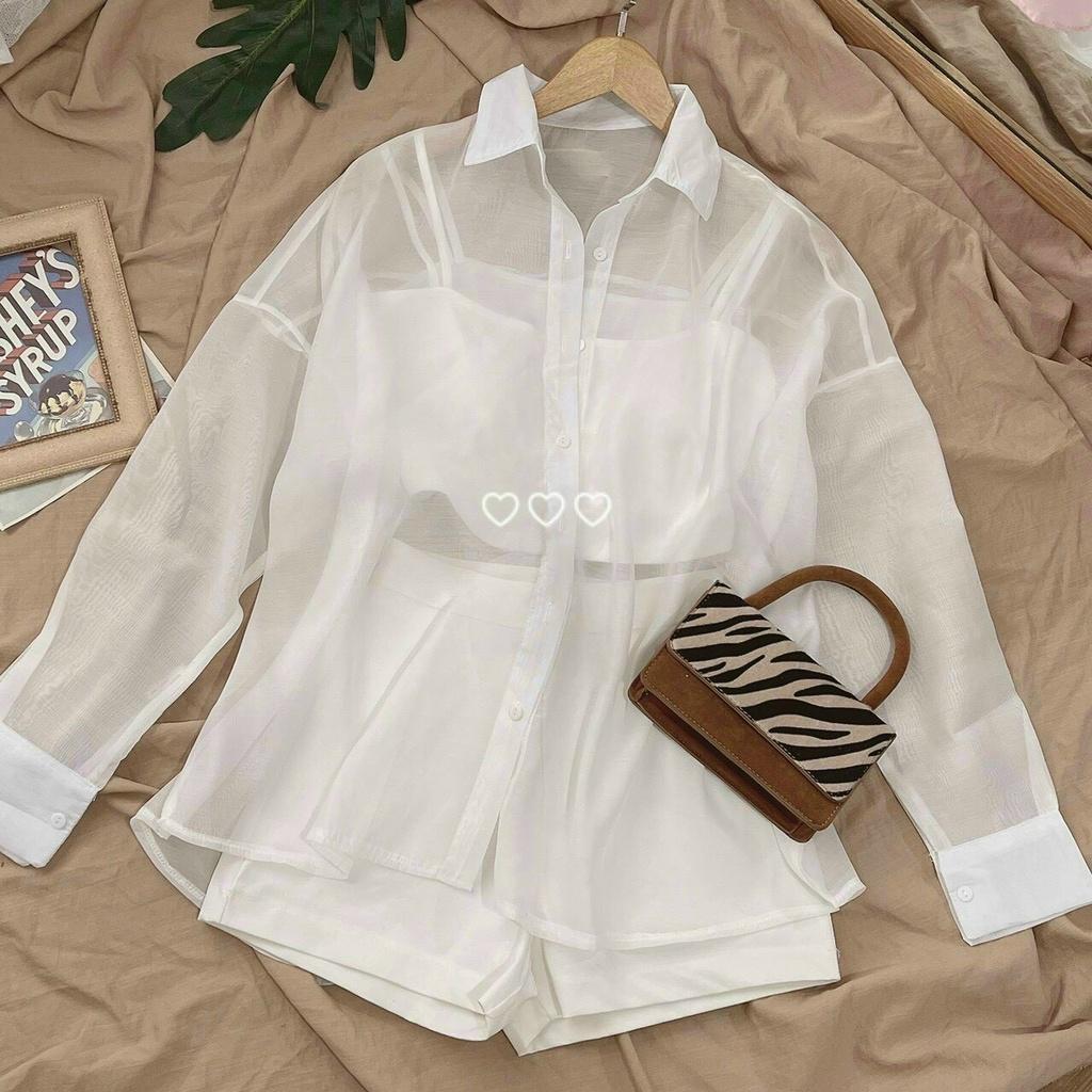 Set 3 món trắng áo crop 2 dây kèm khoác sơ mi tay dài phối quần đùi short mâu nina lê cá tính thể thao