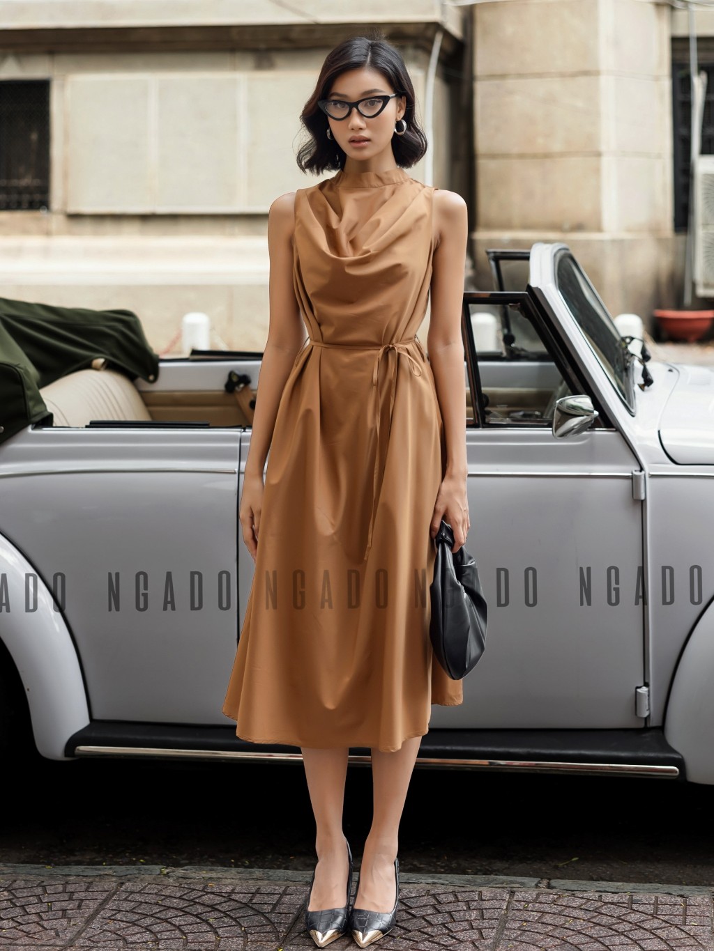 Đầm nâu cổ đổ NGADO, Đầm nữ sát nách cột eo, Đầm vintage