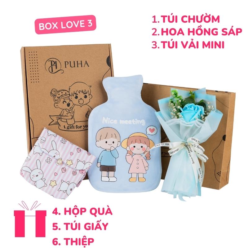 Túi chườm nóng đau bụng kinh Puha 1000ml, túi trườm nóng sưởi ấm tình yêu, box love chăm bạn gái ngày dâu gồm: Túi chườm Love You, túi vải đa năng và hoa hồng sáp