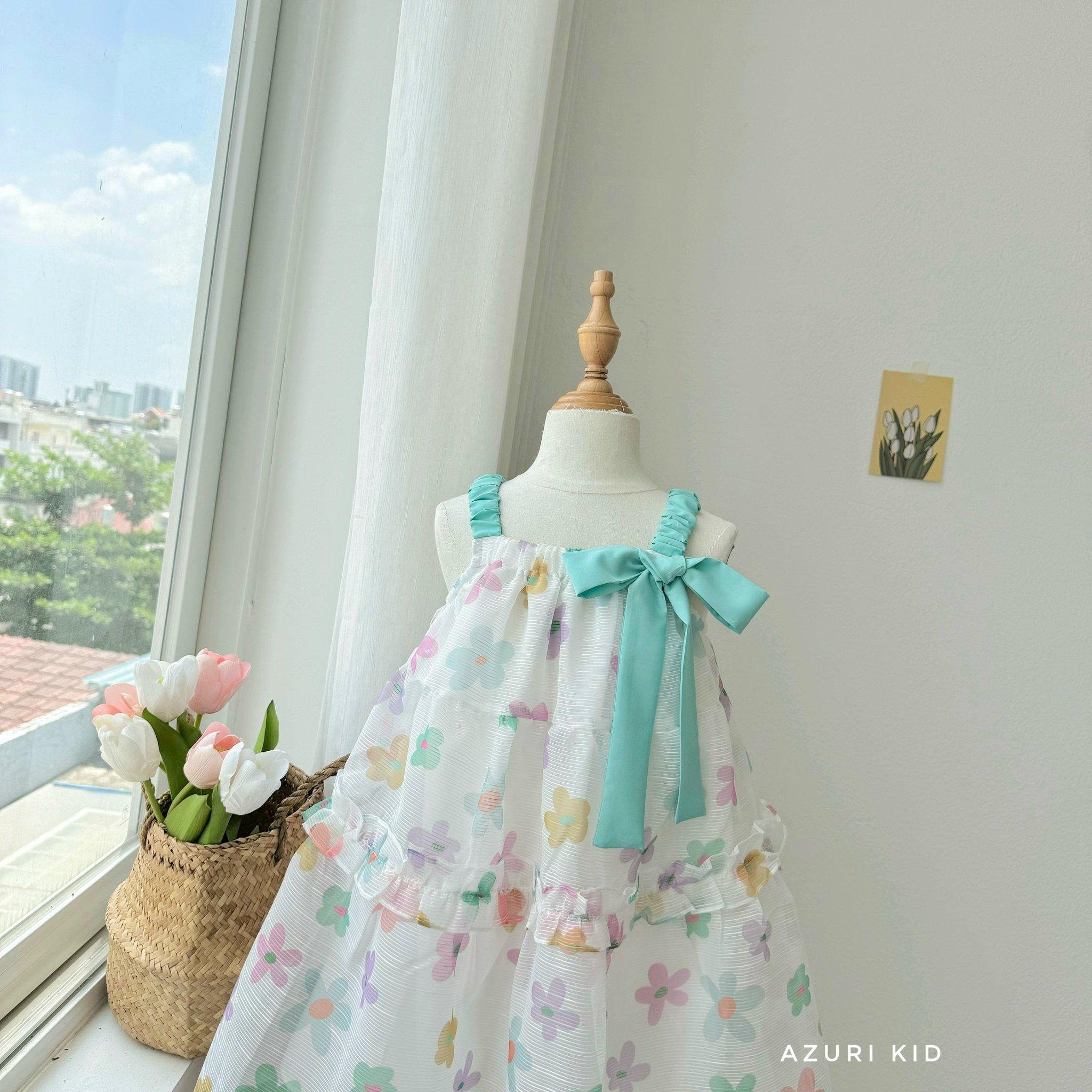 Đầm babydoll cho bé gái đính nơ cánh tiên phong cách Hàn Quốc từ 12-35kg chất vải tơ mềm mát
