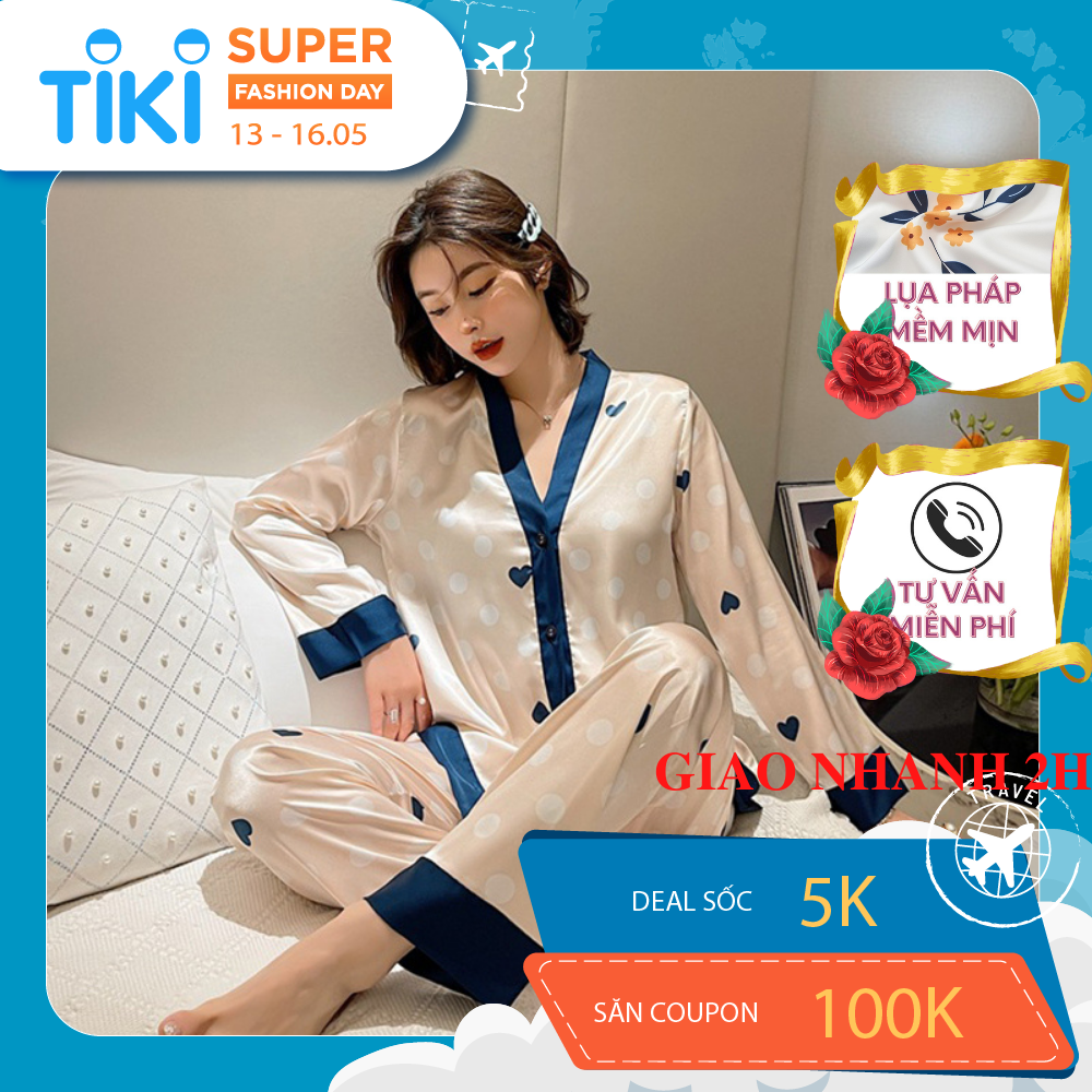 Bộ Đồ Pyjama nữ, đồ mặc nhà lụa VILADY - B104  kiểu cổ tim tay dài quần dài, họa tiết tim chấm bi, chất liệu lụa Pháp ( lụa latin) cao cấp - Màu trắng ngà