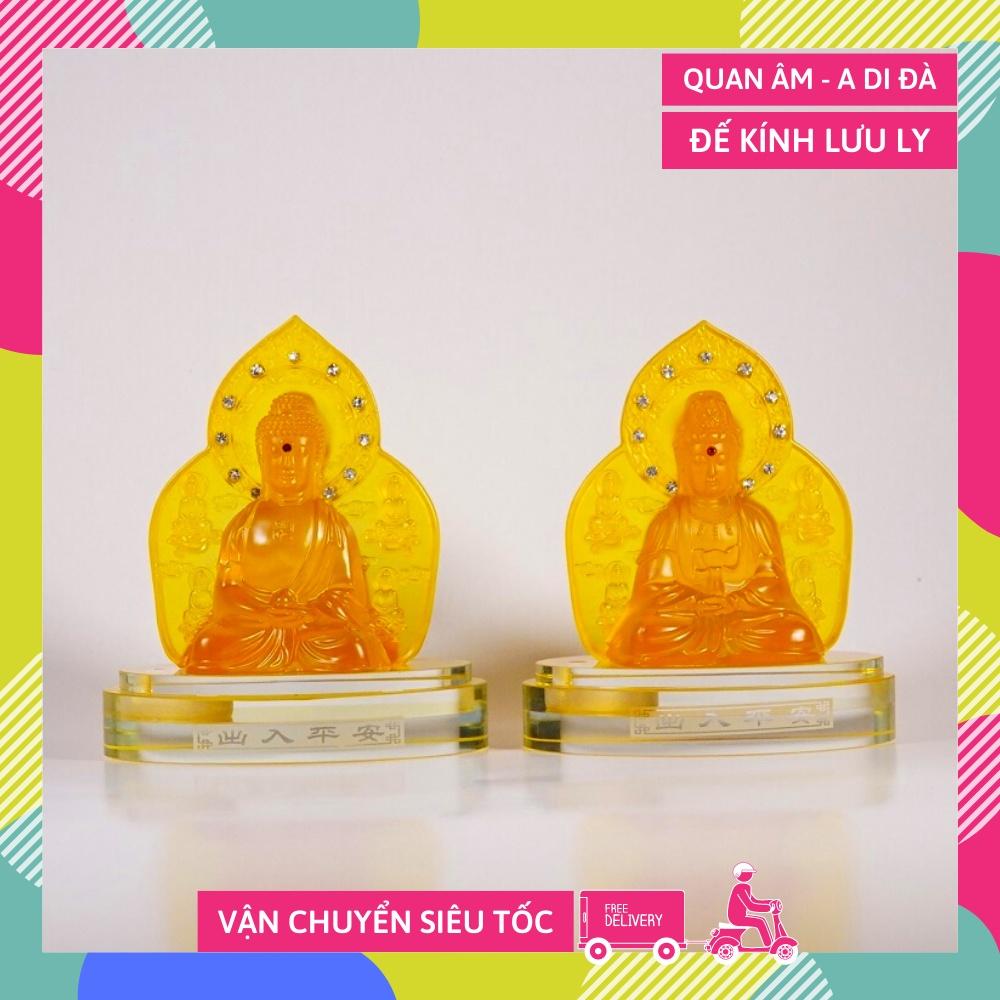 Tượng Phật A Di Đà Bồ Tát Quan Âm đế kính lưu ly vàng viền kim sa lấp lánh 2 mặt để xe hơi cao cấp - Cao 13cm, có lỗ nướ
