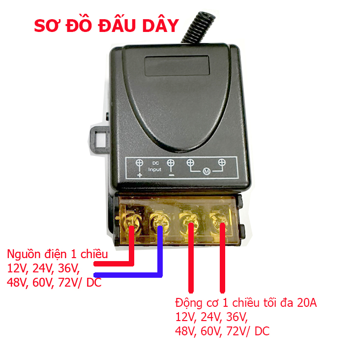 Bộ công tắc điều khiển từ xa đảo chiều động cơ 12V 24V 36V 48V 60V 72V DC CÔNG SUẤT 20A