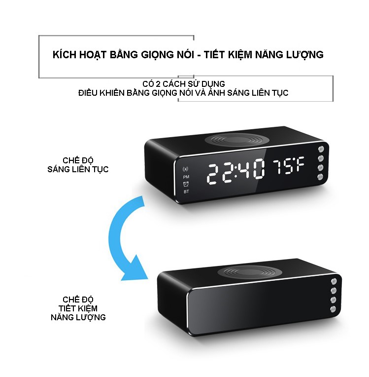 Đế sạc nhanh không dây từ tính cho điện thoại công suất 15W tích hợp loa bluetooth đồng hồ xem giờ báo thức báo nhiệt độ