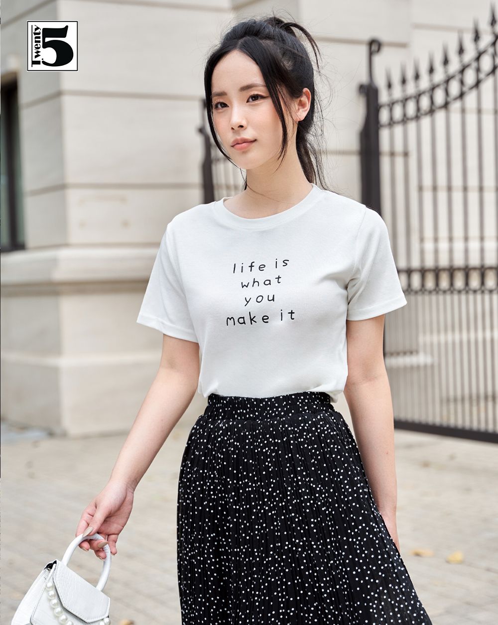 Chân váy midi voan xếp ly chấm bi 2 lớp eo chun Twentyfive 4071