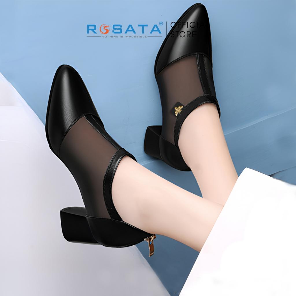 Giày bốt nữ ROSATA RO359 cổ thấp mũi tròn êm chân đính ong vàng khóa kéo gót vuông cao 5cm xuất xứ Việt Nam