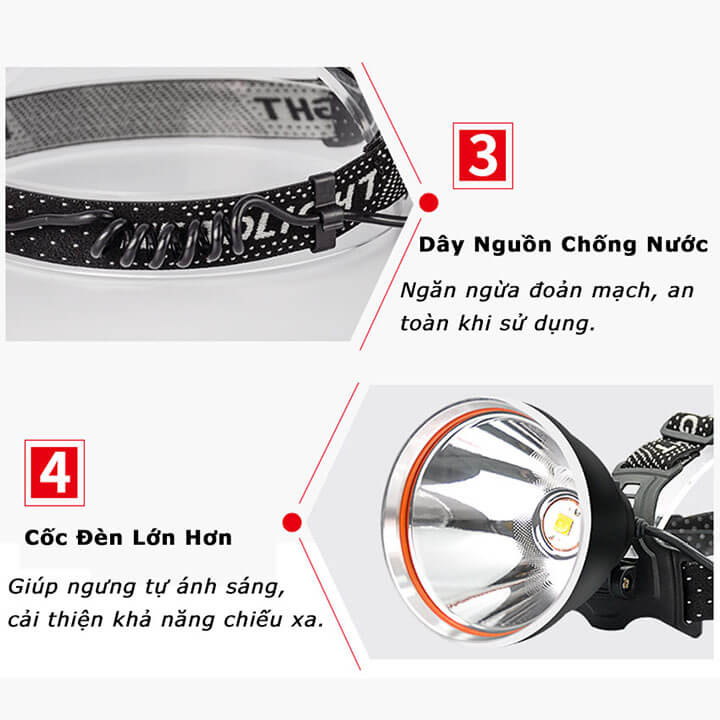 Đèn pin đội đầu 1 bóng siêu sáng chiếu xa 500m, chống thấm nước, 3 chế độ sáng, đèn pin đeo trán chip T6