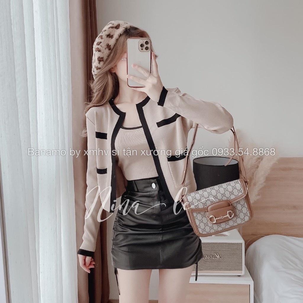 Chân váy da dây rút 2 bên chất da mềm màu đen nâu kem hottrend cá tính thời trang Banamo Fashion 5912