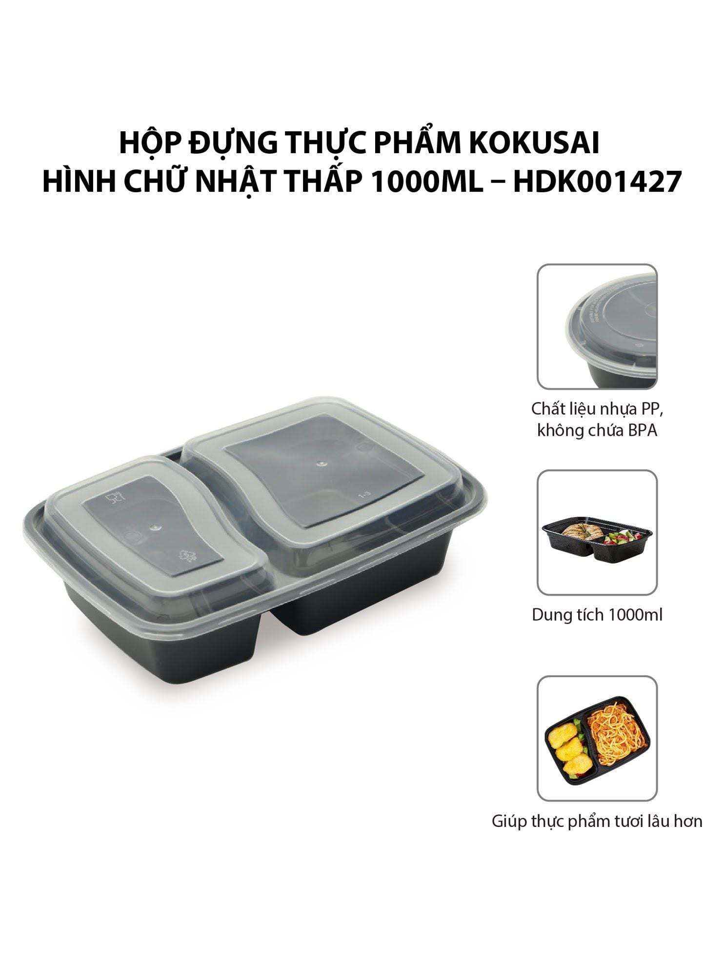 Hộp đựng thực phẩm Kokusai hình chữ nhật thấp 1000ml, dùng được cho lò vi sóng – HDK001427 - Hàng chính hãng